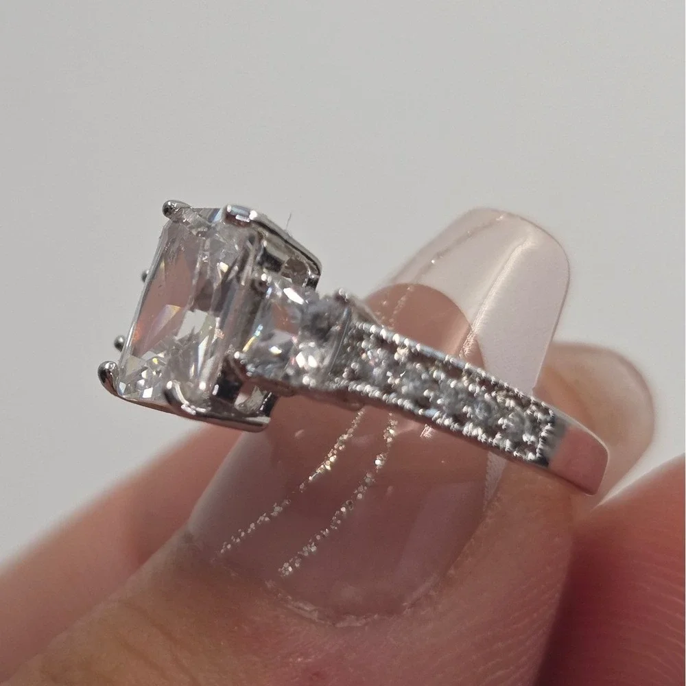Emerald Cut Three Stone Engagement Ring Silver Tone Size 7.25